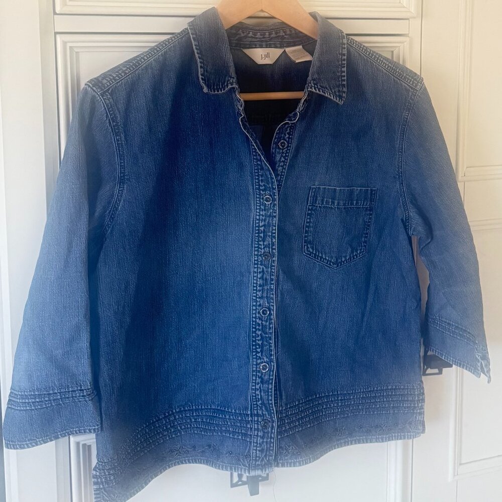 J Jill Womens Denim 3/4 Sleeve Embroidered Denim Shirt Size MP